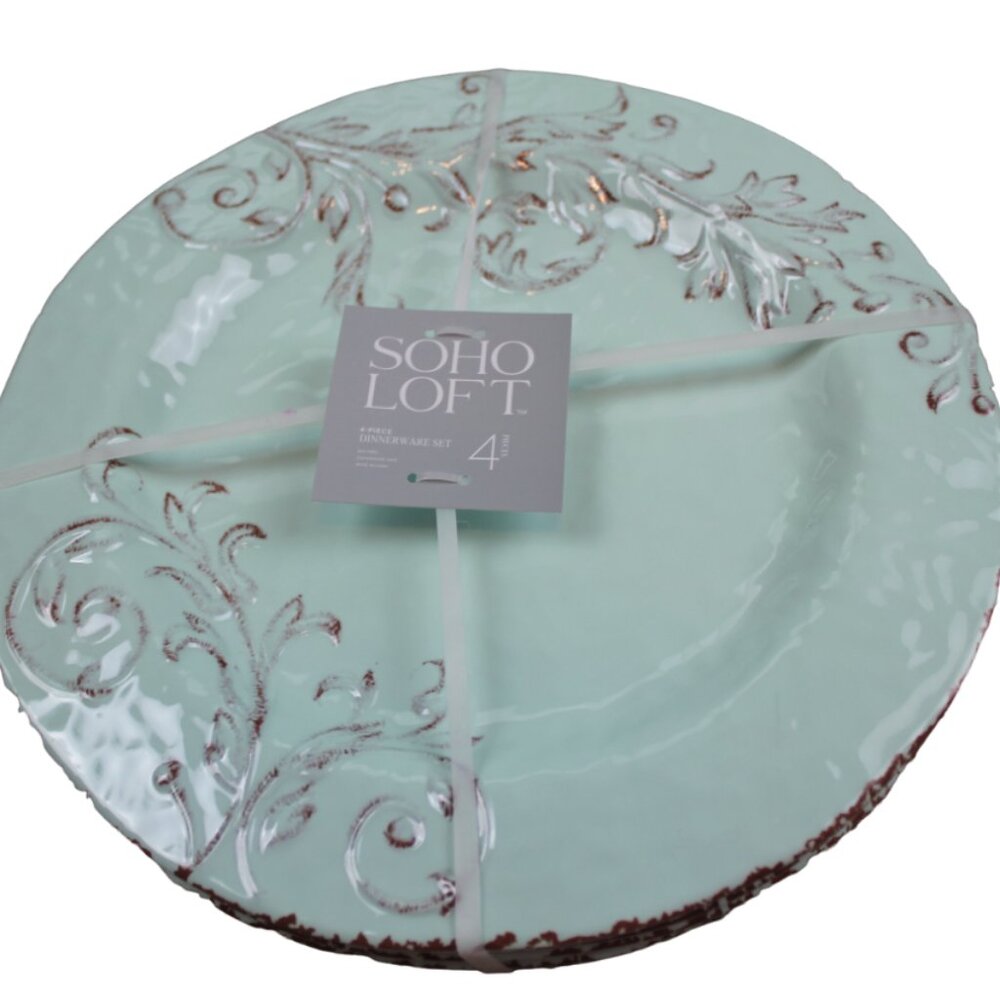 Soho Loft Dinner Plates Rustic Flower Set of 4 11" Melamine Seafoam Green NWT